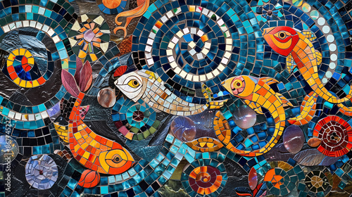 Mosaic artwork of the colorful, swirling patterns and fishes