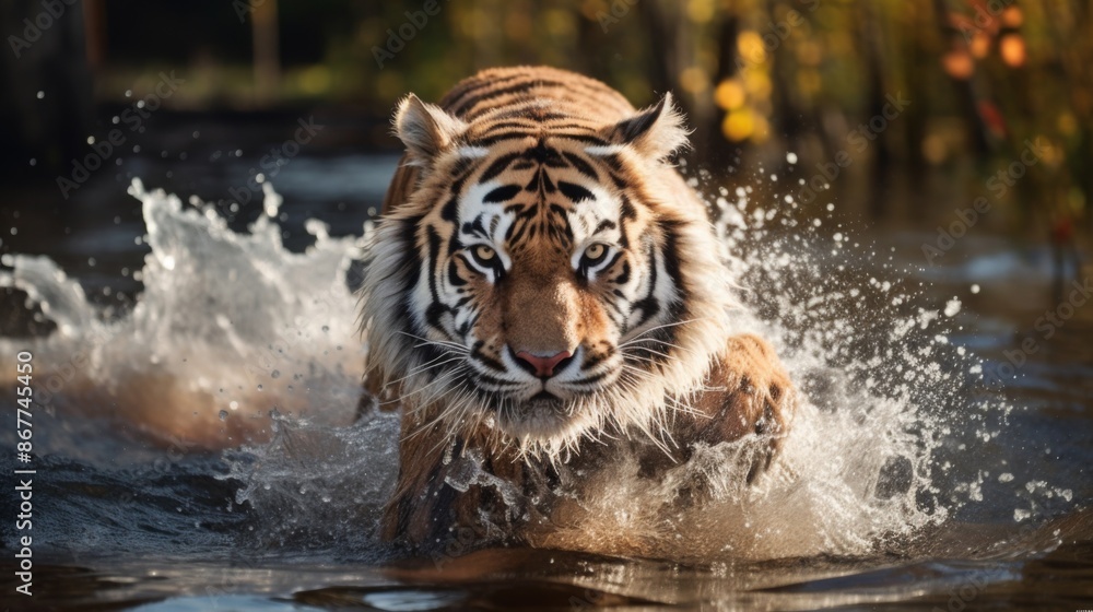 An impressive tiger is seen charging forward through shallow water, creating a dramatic splash with focused eyes, demonstrating its raw power and determination in the wild.