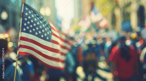 American flag with a protest march in the background, symbolizing freedom of speech and democracy, dynamic and respectful scene, digital art photo