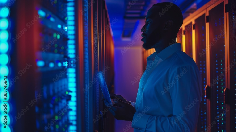 An individual meticulously inspects server racks, backlit by striking blue lighting in a high-tech server room, symbolizing technological advancement and precision. An individual meticulously inspects server racks, backlit by striking blue lighting in a high-tech server room, symbolizing technological advancement and precision.