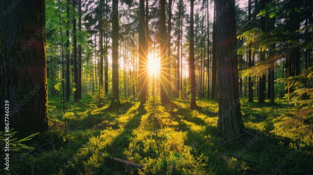 Fototapeta premium The early morning sun bursts through the dense trees of a verdant forest, casting long, beautiful rays over the lush, green forest floor, evoking a sense of wonder and serenity.