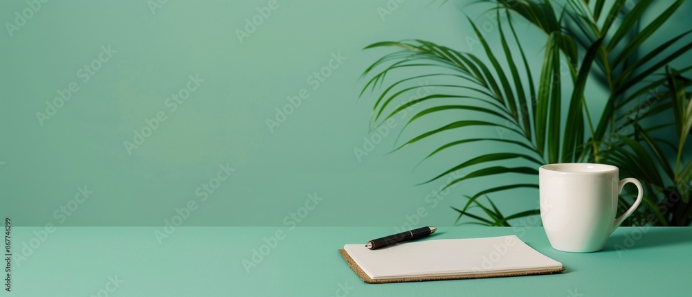 Green finance report on a desk next to a cup of coffee, photorealistic, clean background Green finance report on a desk next to a cup of coffee, photorealistic, clean background