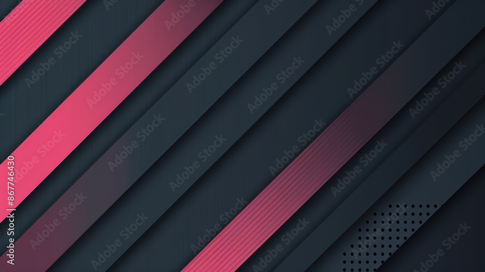 Obraz premium Digital abstract design with a series of angled stripes. The color palette consists of dark grey, black, and shades of pink