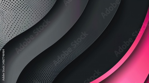 Stylized, abstract design with the following elements: wavy lines, gradient color scheme, dot pattern, halftone effect, and a combination of pink and grayscale colors