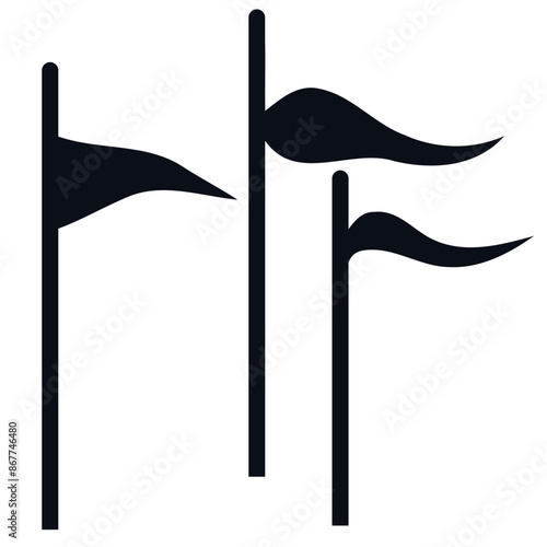 Three black flags or banners against a white background