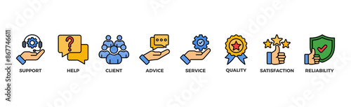 Customer care banner web icon illustration concept for customer support and telemarketing service with an icon of help, client, advice, chat, service, reliability, quality, and satisfaction	