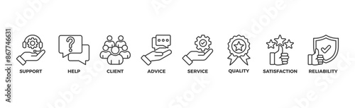 Customer care banner web icon illustration concept for customer support and telemarketing service with an icon of help, client, advice, chat, service, reliability, quality, and satisfaction	