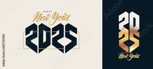 2025 Happy New Year text luxury design. 2025 gold flat Vector Illustration. Happy new year typography 2025 design. With golden truncated lettering number illustrations. Premium vector design.