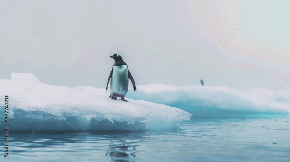 Fototapeta premium A penguin standing alone on an ice floe floating in a vast, cold ocean, surrounded by icebergs, conveying the serene beauty and isolation of polar regions in a tranquil scene.