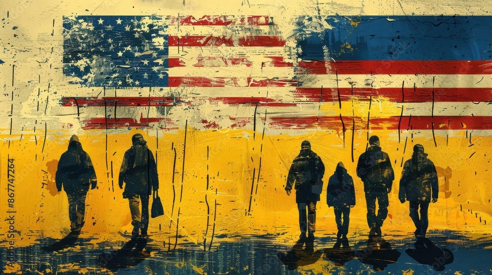 Fototapeta premium People Walking Under American and Ukrainian Flag