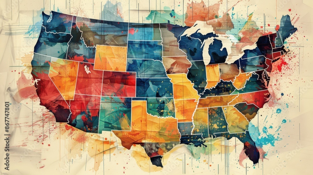 Naklejka premium Watercolor Map of the United States