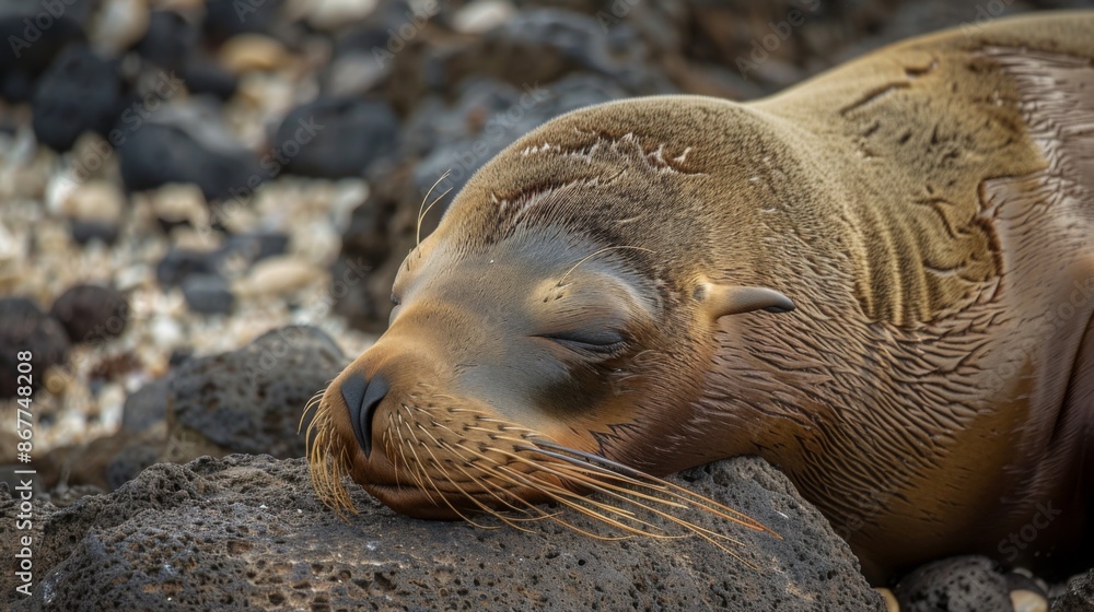 Fototapeta premium A close-up image of a seal sleeping peacefully on a rocky coastal surface, showcasing its smooth fur and serene expression amidst the natural landscape.