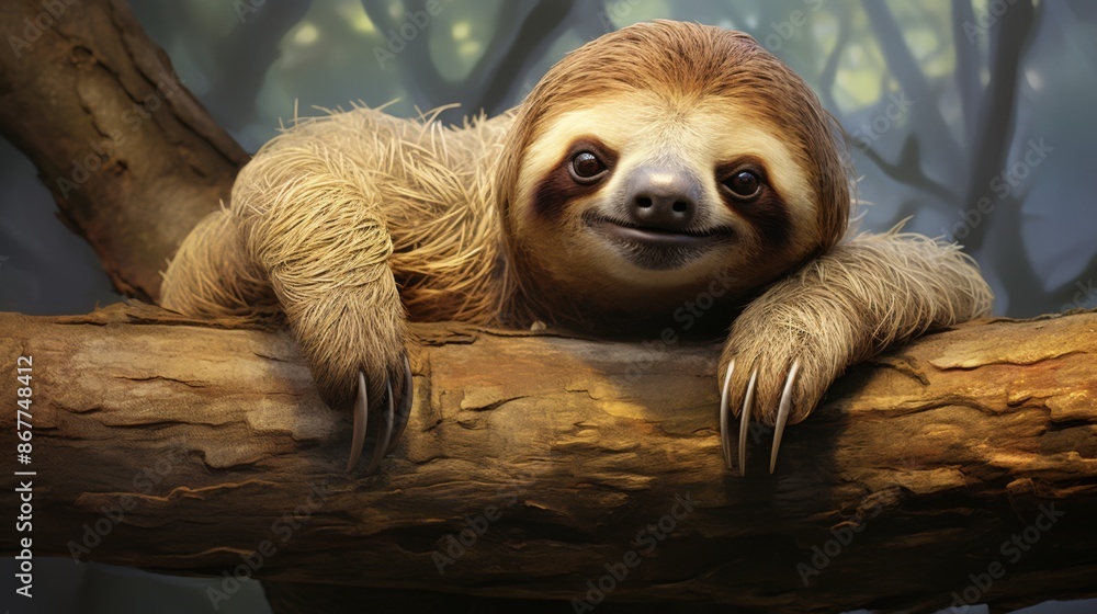 A gentle sloth is resting on a large tree branch, immersed in a peaceful and quiet forest environment, under soft, diffuse lighting, showcasing tranquility and natural beauty. A gentle sloth is resting on a large tree branch, immersed in a peaceful and quiet forest environment, under soft, diffuse lighting, showcasing tranquility and natural beauty.