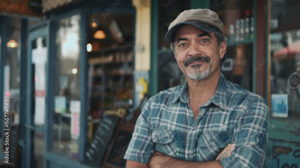 A man casually dressed in a plaid shirt and cap stands outside a rustic storefront with his arms crossed, embodying a relaxed yet entrepreneurial spirit in a quaint setting. A man casually dressed in a plaid shirt and cap stands outside a rustic storefront with his arms crossed, embodying a relaxed yet entrepreneurial spirit in a quaint setting.