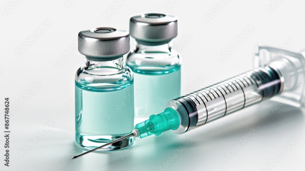 Close-up of two vaccine vials and a syringe. Medical equipment and healthcare concept for vaccination and immunization. Close-up of two vaccine vials and a syringe. Medical equipment and healthcare concept for vaccination and immunization.