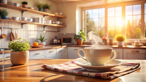 Wallpaper Mural Warm and inviting kitchen scene featuring a steaming cup of coffee or tea on a cozy table, surrounded by comforting morning light and soft pastel hues. Torontodigital.ca