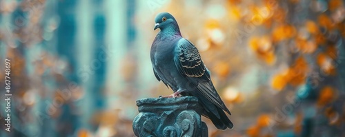 Pigeon perched on a city statue with highrise buildings surrounding close up, focus on contrast, realistic, manipulation, statue backdrop photo