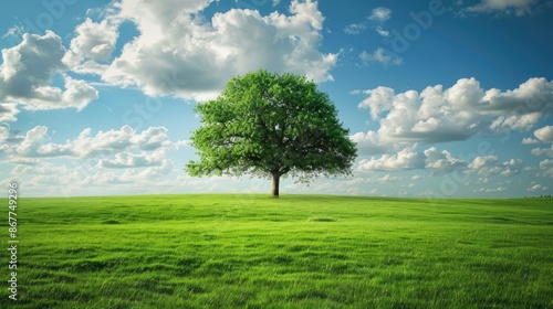 The peaceful picture shows the elegance of a single tree towering in a wide expanse of green meadow with its branches extending towards the heavens