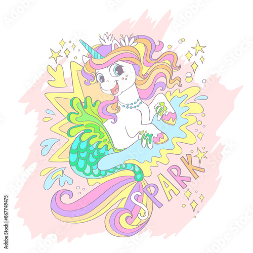 Cute unicorn mermaid card vector illustration