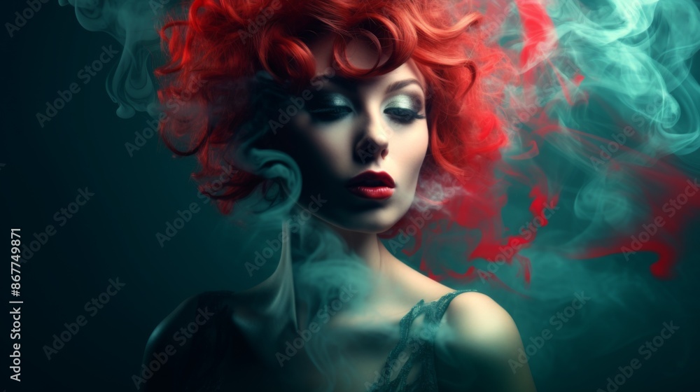 An artistic portrait of a red-haired woman set against a smoky, mystical background, emphasizing her striking features and creating an evocative and mysterious atmosphere. An artistic portrait of a red-haired woman set against a smoky, mystical background, emphasizing her striking features and creating an evocative and mysterious atmosphere.