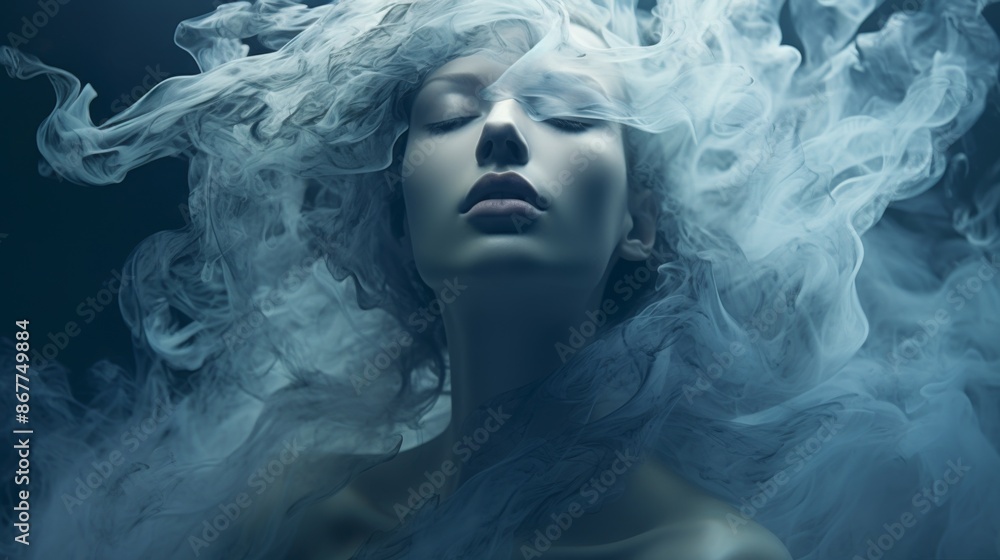 Fototapeta premium A serene woman with closed eyes enveloped in swirling, silky smoke, creating a dreamlike and ethereal atmosphere full of calm and mystique.