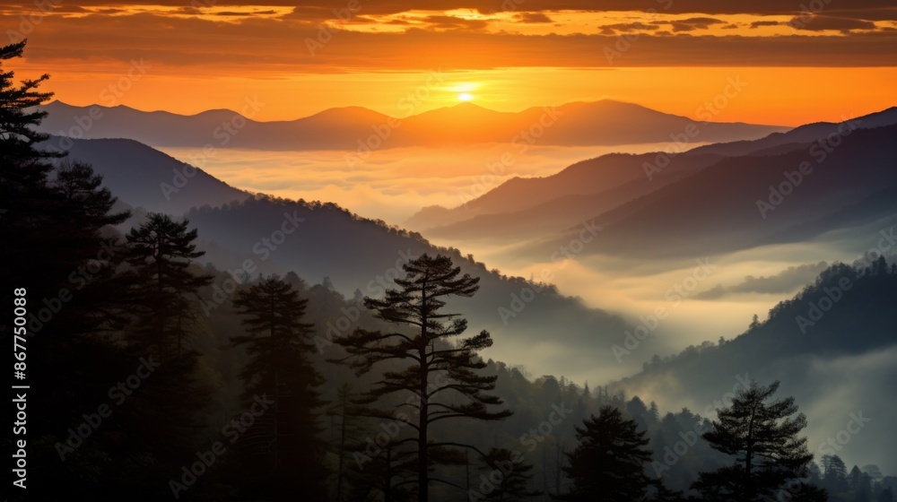 A stunning sunset over a range of hilly mountains, with dense layers of fog creating a serene and awe-inspiring view of nature's beauty. A stunning sunset over a range of hilly mountains, with dense layers of fog creating a serene and awe-inspiring view of nature's beauty.