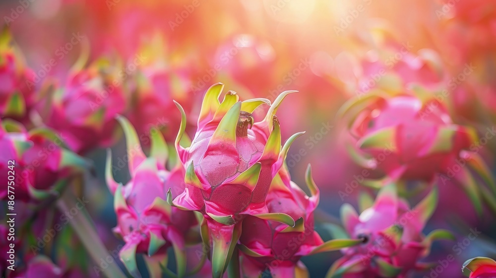 Obraz premium Summer background. Blurred dragon fruit garden and a dragon fruit plant with vibrant pink dragon fruits on branches in focus, illuminated in bright magenta shades.