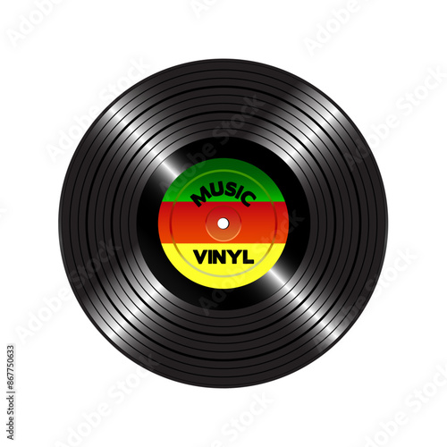 Long play vynil record with colorful paper label isolated on white background.