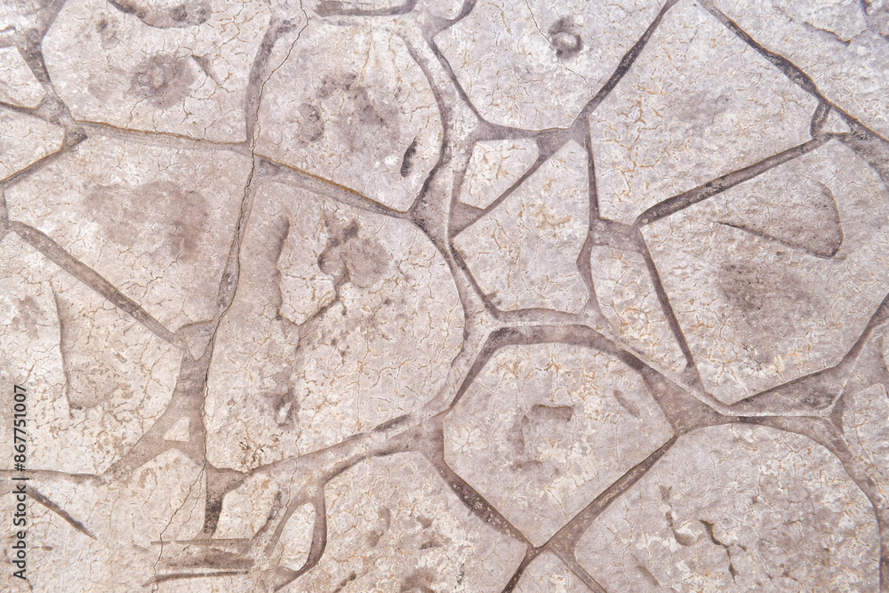 Dirty crazy paving floor texture background. Unclean cracked stamped concrete surface. Grunge and rough backdrop. Dirty crazy paving floor texture background. Unclean cracked stamped concrete surface. Grunge and rough backdrop.