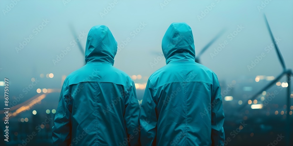 Two individuals in hooded jackets observe a glowing cityscape and wind turbines. Concept Nighttime Cityscape, Future Technology, Hoodies, Urban Exploration Two individuals in hooded jackets observe a glowing cityscape and wind turbines. Concept Nighttime Cityscape, Future Technology, Hoodies, Urban Exploration