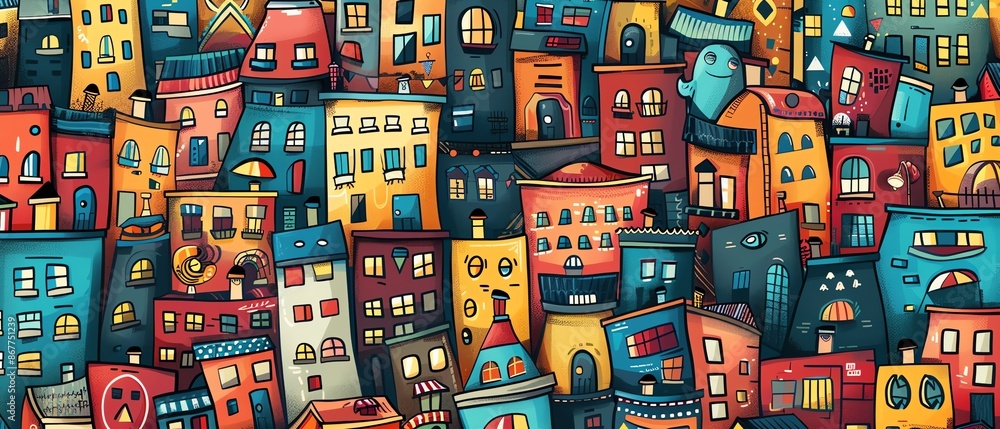 Cartoon city background with quirky architecture and bright hues Cartoon city background with quirky architecture and bright hues