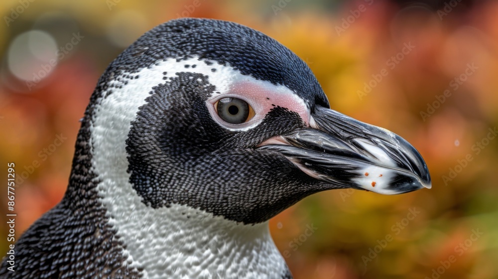 Naklejka premium The penguin is shown in a side view against a vibrant, colorful background, providing a stunning contrast to its black and white plumage, capturing nature in its raw beauty.