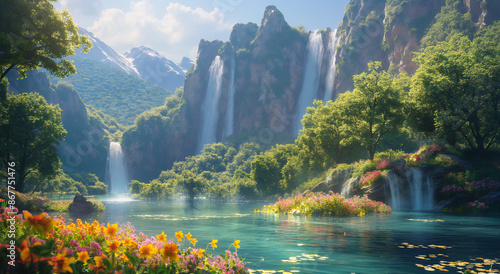 Creation. Genesis. Picturesque scene of tranquil garden with trees in bloom, waterfalls and a river, evoking the essence of Eden.