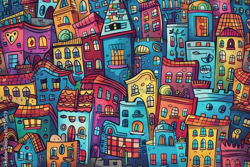 Seamless texture design of whimsical cityscape with bright colors