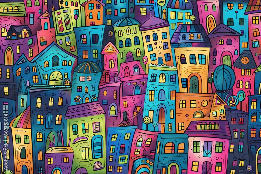 Dynamic city background with quirky buildings and diverse characters Dynamic city background with quirky buildings and diverse characters