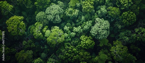 Top view of a forest, The concept and background of a rainforest ecosystem and a thriving environment, Green tree forest seen from above.