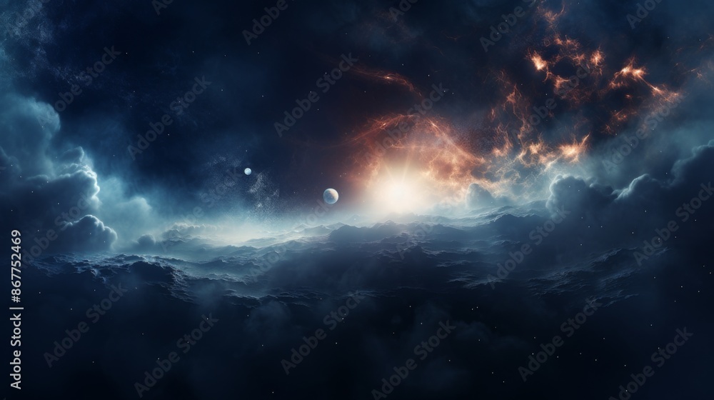 A dark, mysterious cosmic scene with planets scattered throughout and a bright light breaking through, creating a dramatic and awe-inspiring view of space. A dark, mysterious cosmic scene with planets scattered throughout and a bright light breaking through, creating a dramatic and awe-inspiring view of space.
