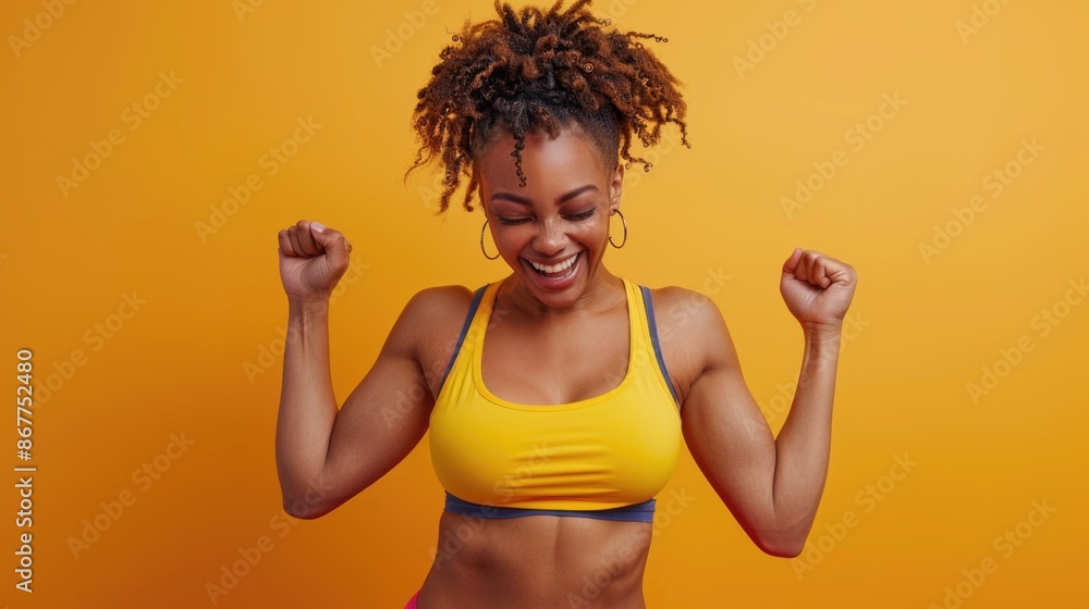 Excited woman moving her fit and curvy body in a fun dance workout Excited woman moving her fit and curvy body in a fun dance workout