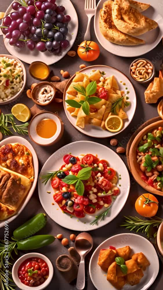 Many different delicious dishes of Mediterranean cuisine in an Italian restaurant, food background. Vertical. Many different delicious dishes of Mediterranean cuisine in an Italian restaurant, food background. Vertical.
