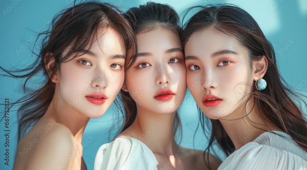 Beautiful three young asian woman with clean fresh skin on background, Face care, Facial treatment, Cosmetology, beauty and spa, Asian women portrait Beautiful three young asian woman with clean fresh skin on background, Face care, Facial treatment, Cosmetology, beauty and spa, Asian women portrait