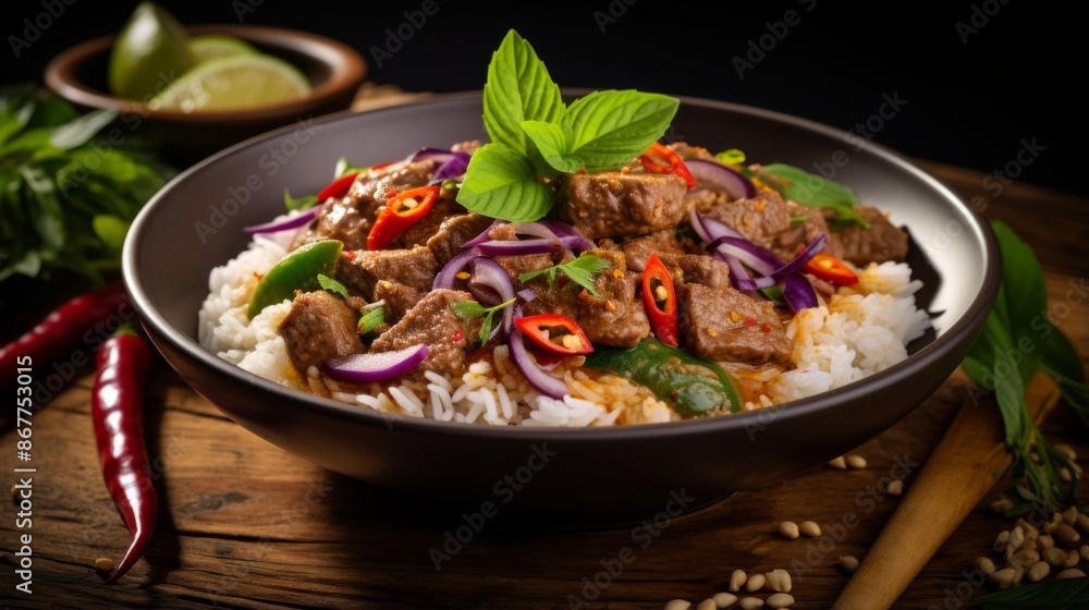 A delectable beef curry garnished with fresh, vibrant herbs and vegetables alongside steamed rice, presented beautifully in a bowl, ready to indulge all your senses. A delectable beef curry garnished with fresh, vibrant herbs and vegetables alongside steamed rice, presented beautifully in a bowl, ready to indulge all your senses.