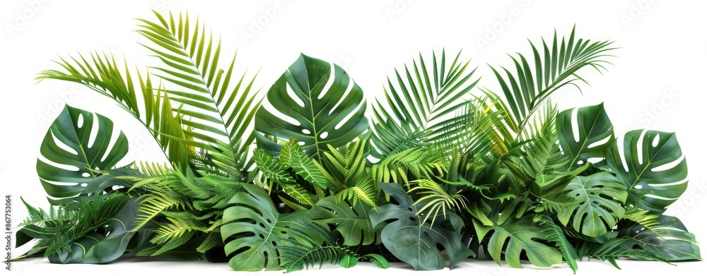 Lush green tropical plants bush (monstera, palm, rubber plant, pine and fern), cut out Lush green tropical plants bush (monstera, palm, rubber plant, pine and fern), cut out