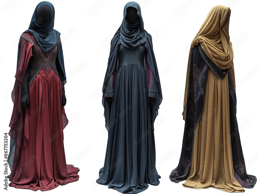 Stylish Muslim Women's Gowns on Mannequins on transparent background Stylish Muslim Women's Gowns on Mannequins on transparent background