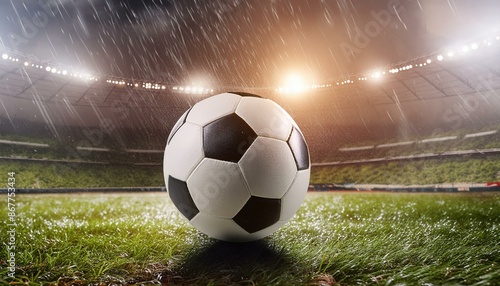 Bola de futebol no centro de um estádio de futebol molhada por uma chuva forte que cai e iluminada pelos holofotes photo