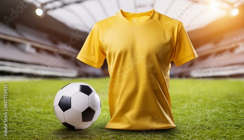 uma camiseta amarela e uma bola de futebol em cima de um gramado de futebol
