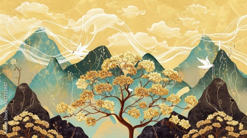 Tawny brown trees with golden flowers in front of seafoam, ebony, and graphite mountains, against a lemon-yellow background with wispy white clouds and doves.