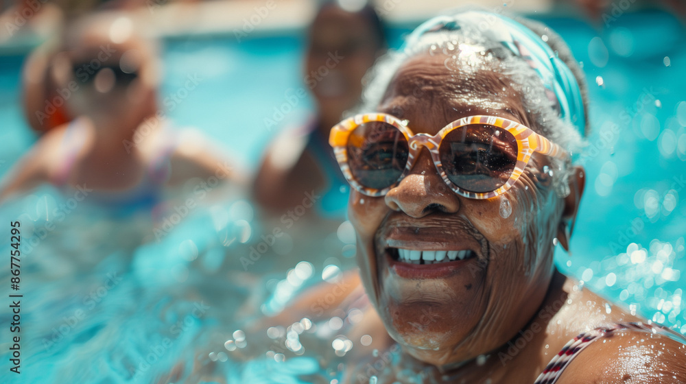 Fototapeta premium Senior black woman doing aqua aerobics smiling. Happy overweight african american retired woman swimming class on vacation. Representation of elderly black people in the fitness industry.