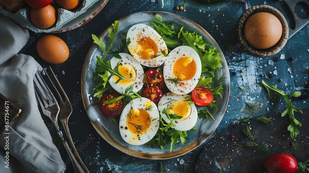 Plate of hard-boiled eggs garnished with fresh tomatoes. Plate of hard-boiled eggs garnished with fresh tomatoes.