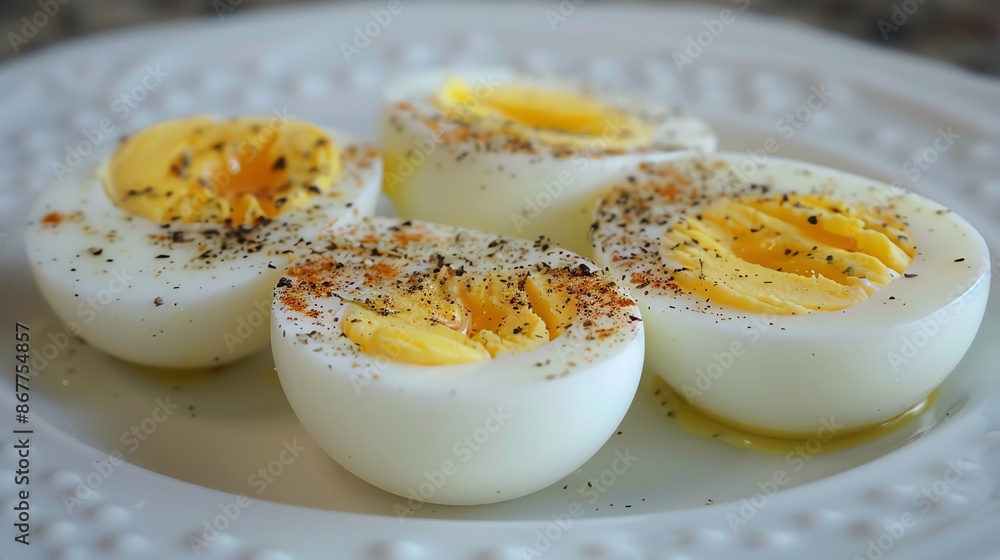 boiled eggs arranged neatly on a white plate. boiled eggs arranged neatly on a white plate.