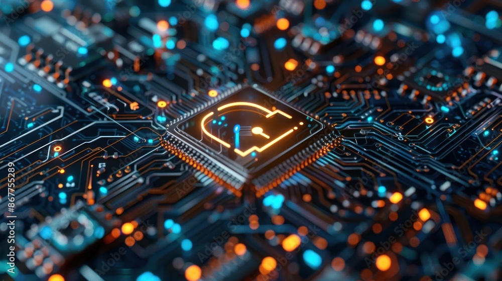 Fototapeta premium Cybersecurity Concept with Lock Icon on Circuit Board - High-tech illustration of a lock icon on a glowing circuit board, symbolizing cybersecurity and digital protection.